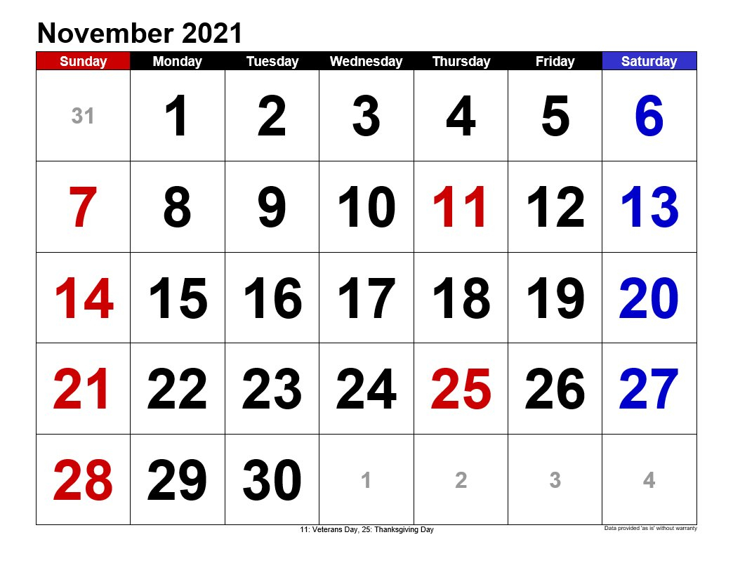 November 2021 Calendars Landscape Format
