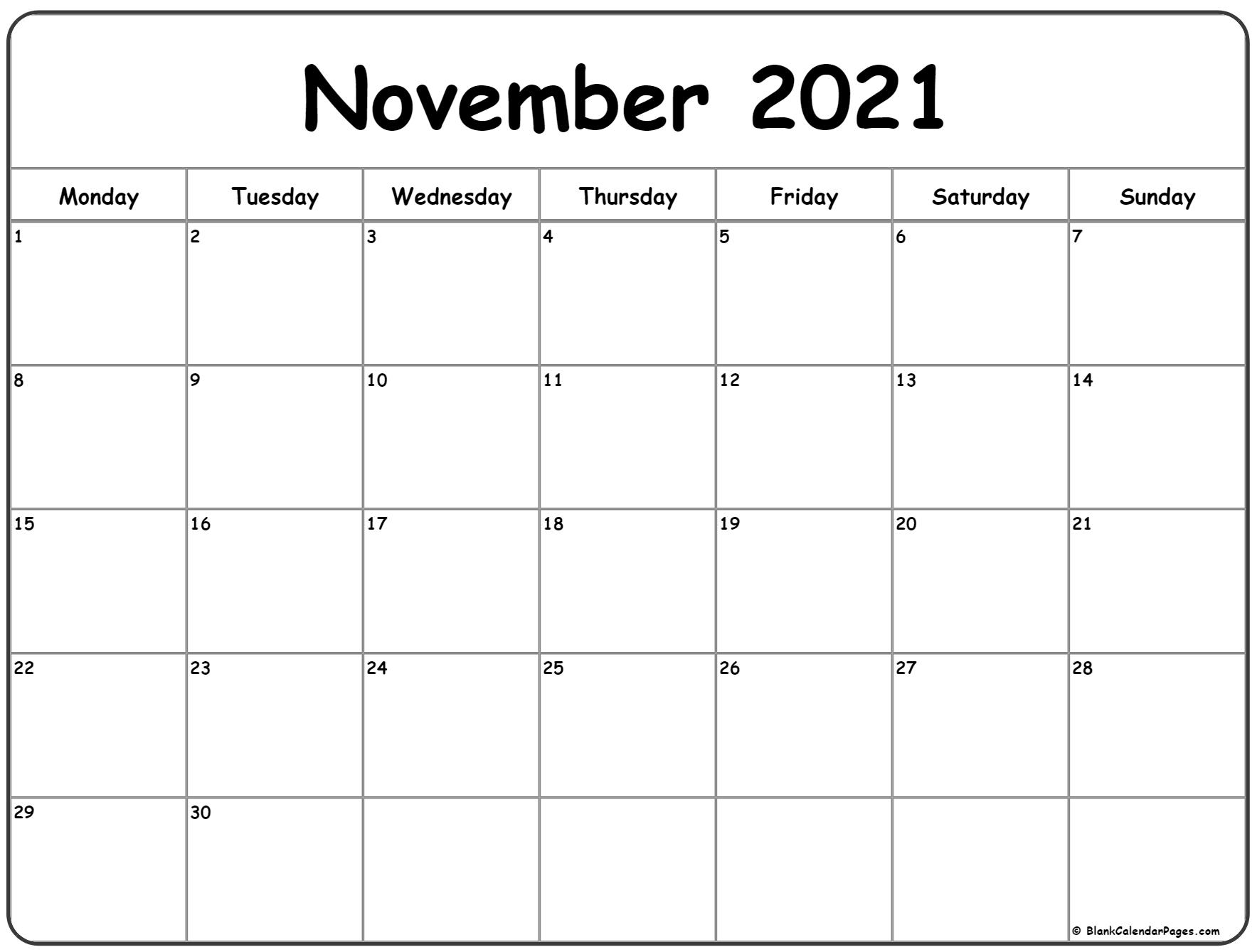 November 2021 Monday Calendar | Monday To Sunday