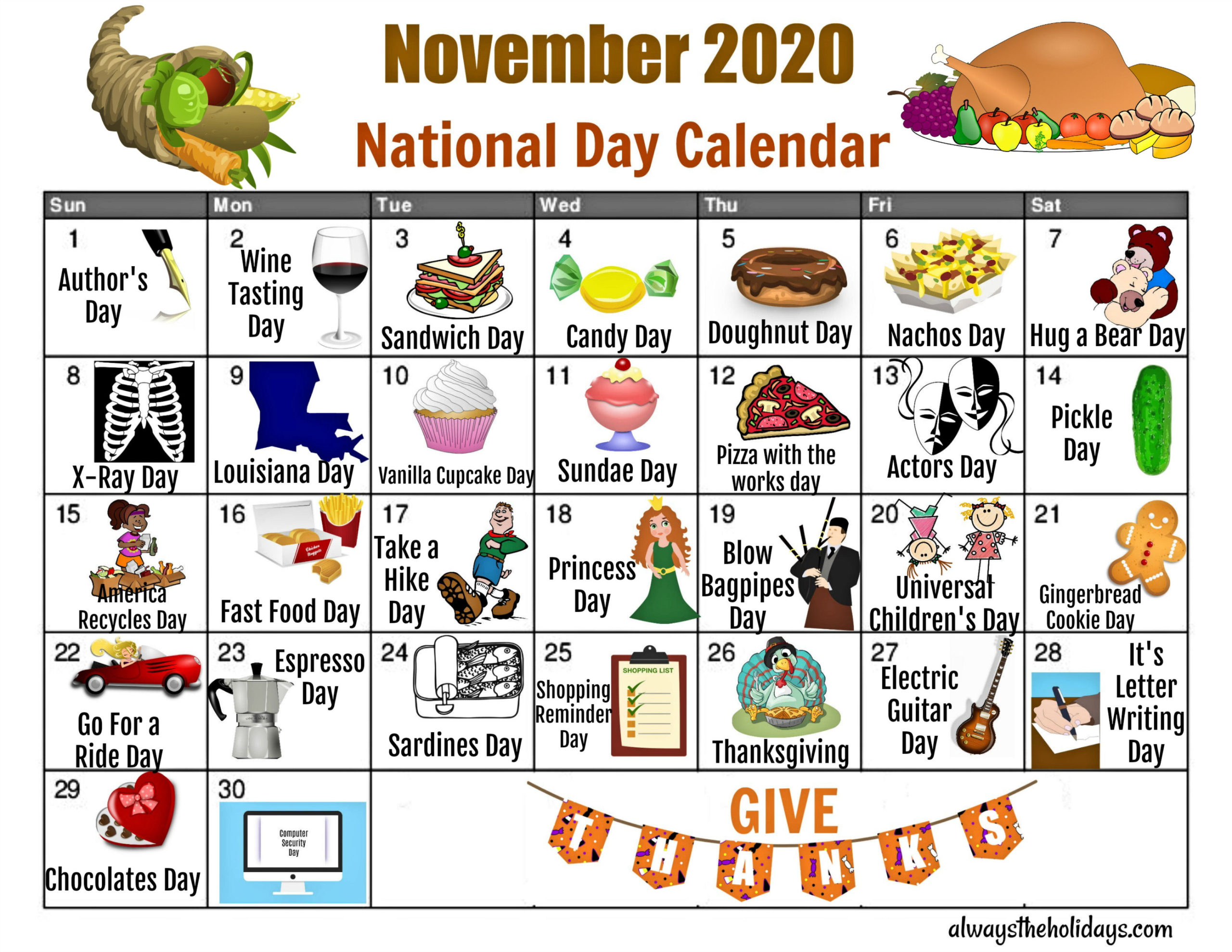 Free November Holiday National Food Holiday Printout 2021 Example Calendar Printable
