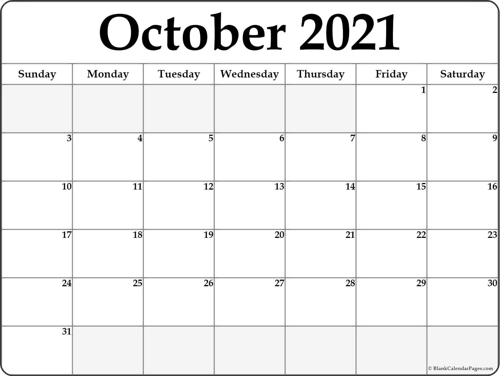 October 2021 Calendar | Free Printable Monthly Calendars