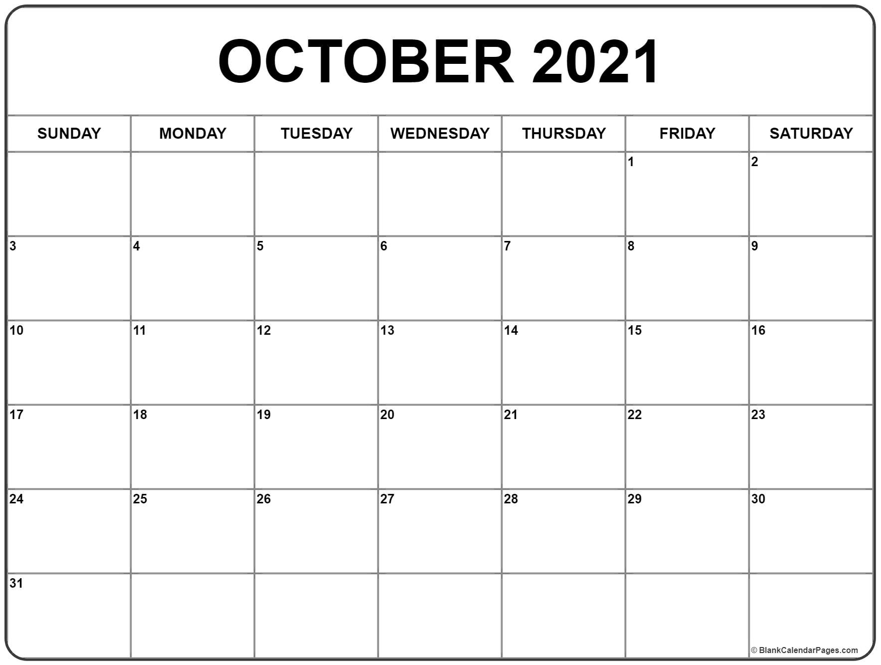 October Calendar Template 2021 Printable Free