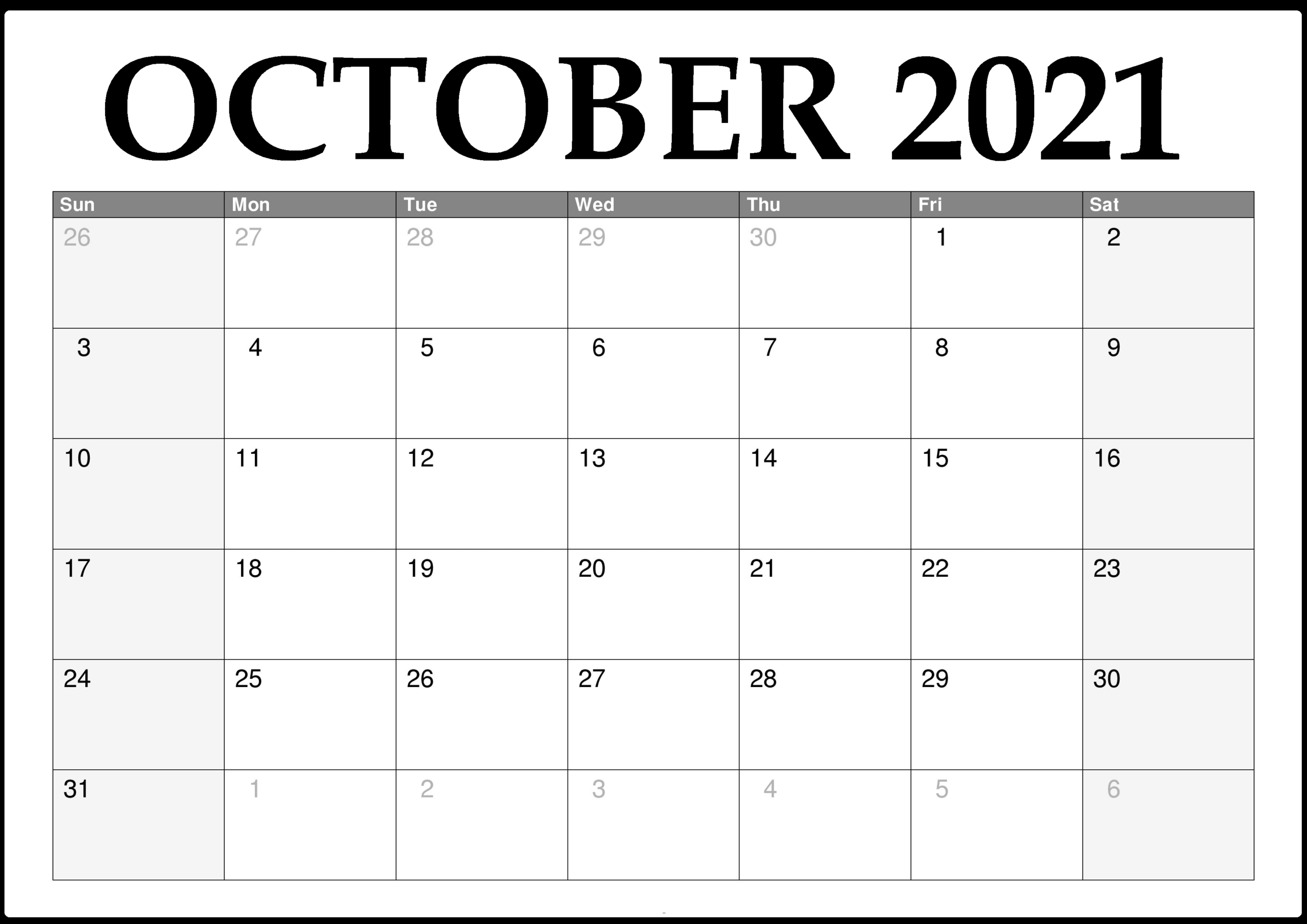 October Calendar Free Printable