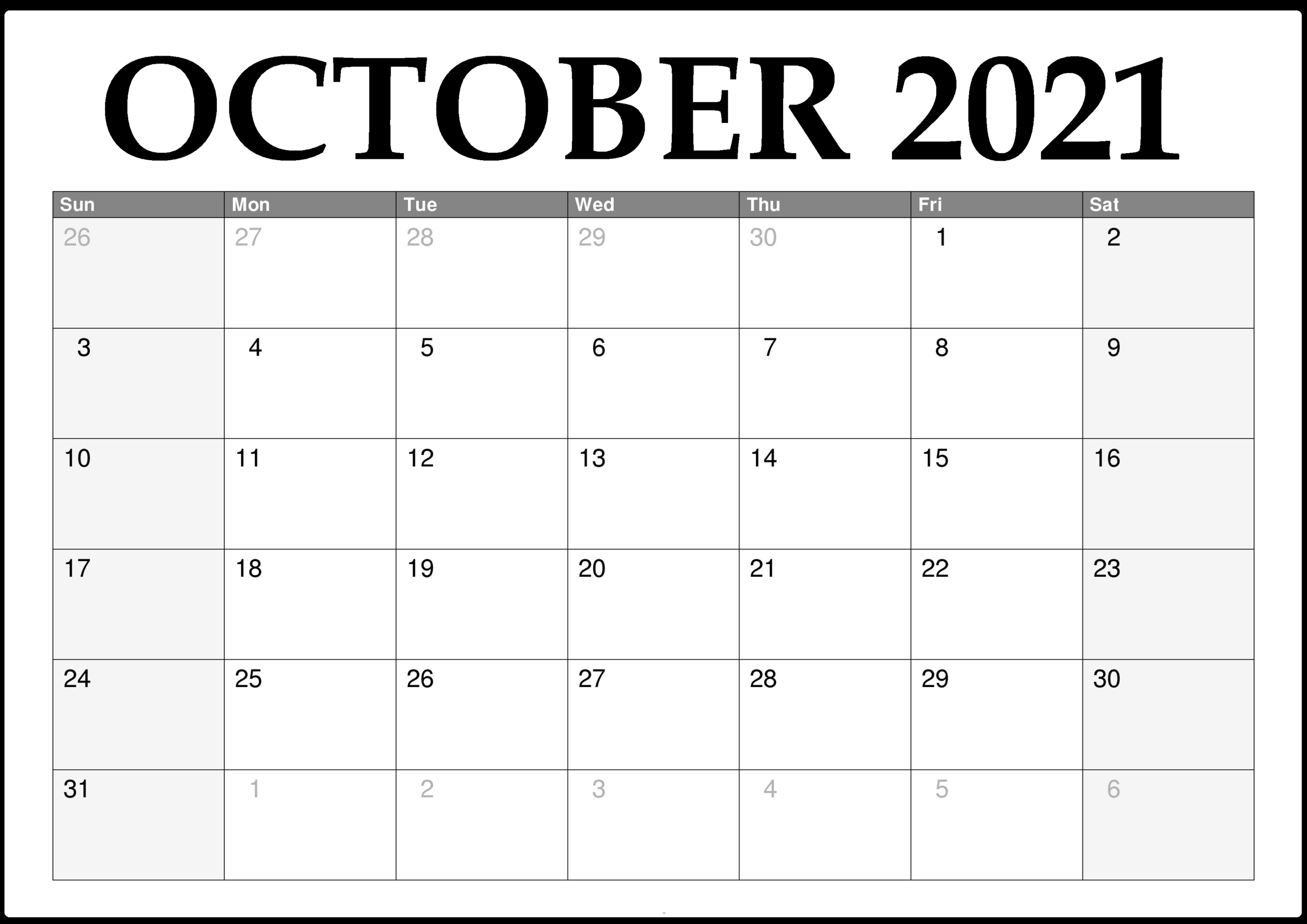 October 2021 Calendar Printable Template – Pdf, Word, Excel