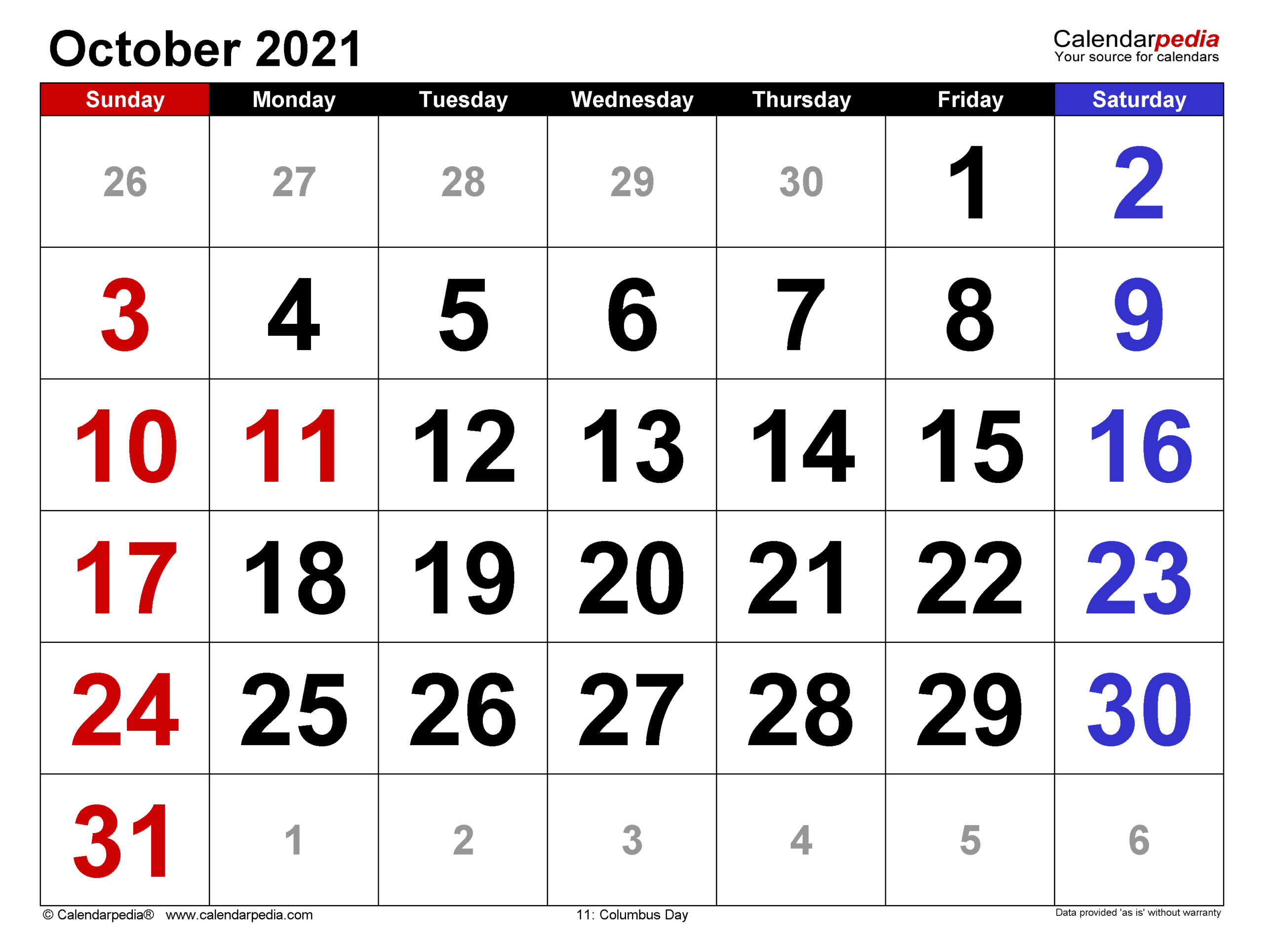October 2021 Calendar | Templates For Word, Excel And Pdf