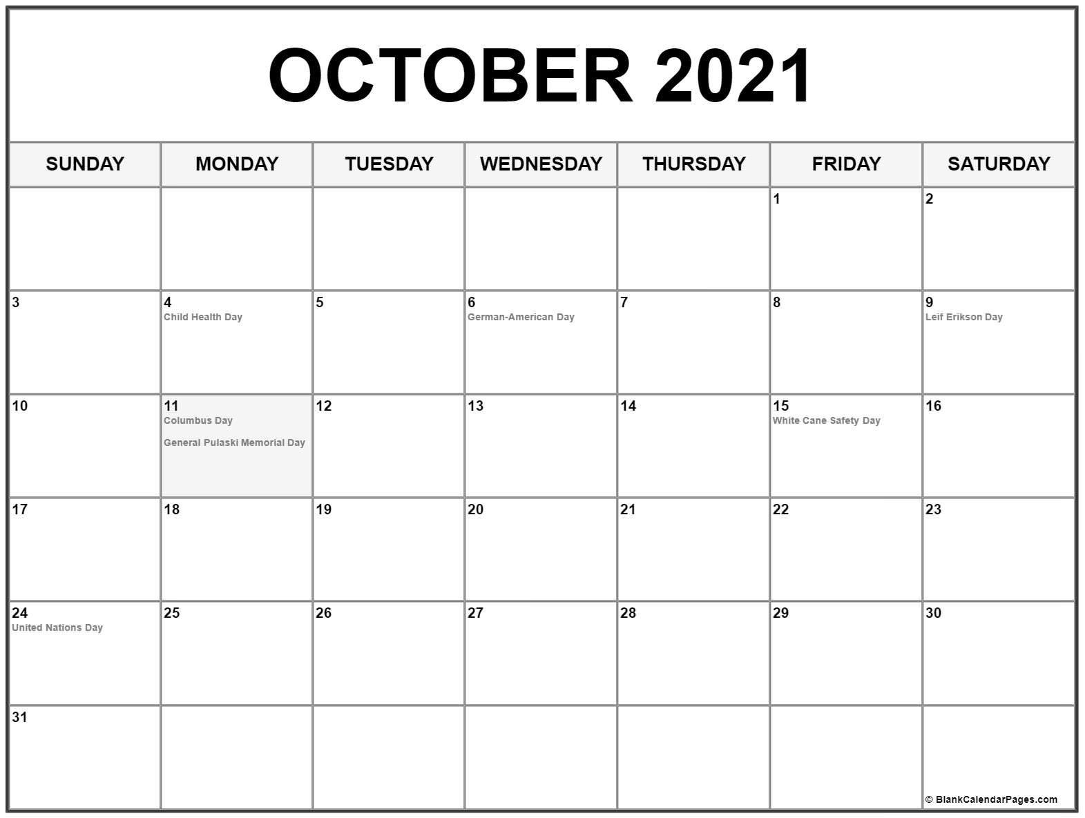 October 2021 Calendar With Holidays