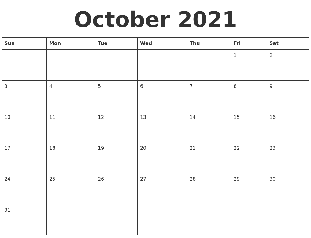 October 2021 Free Printable Calendar Templates