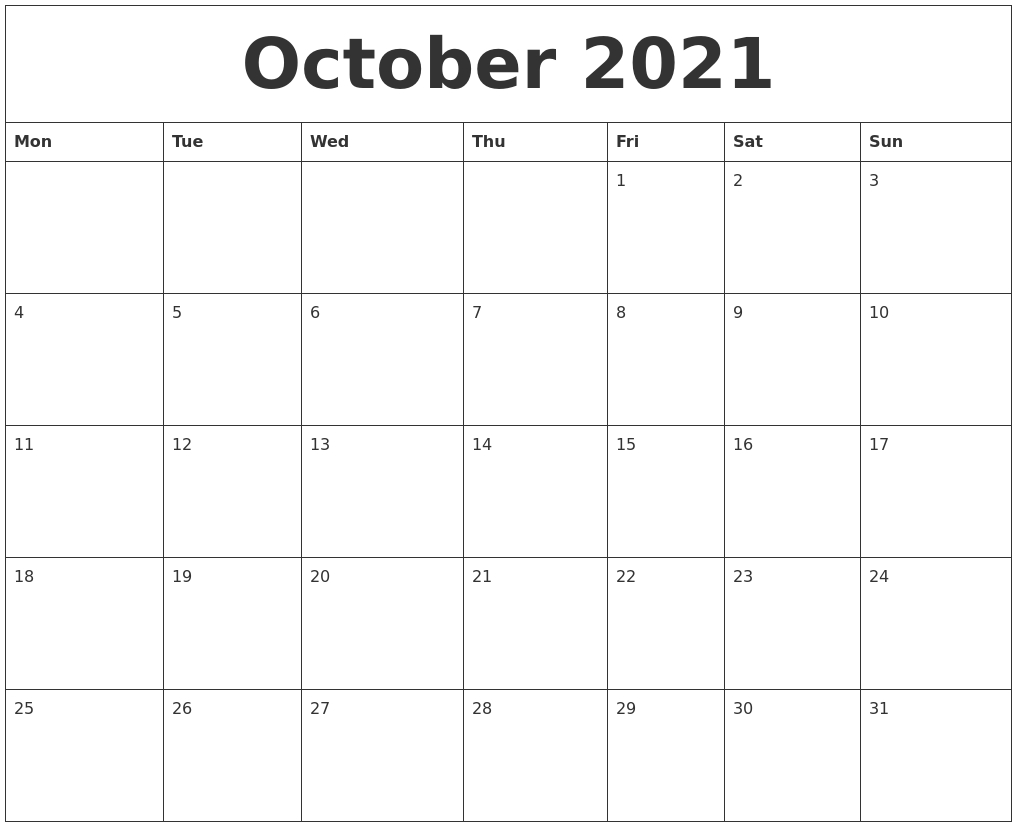 October 2021 Free Printable Monthly Calendar
