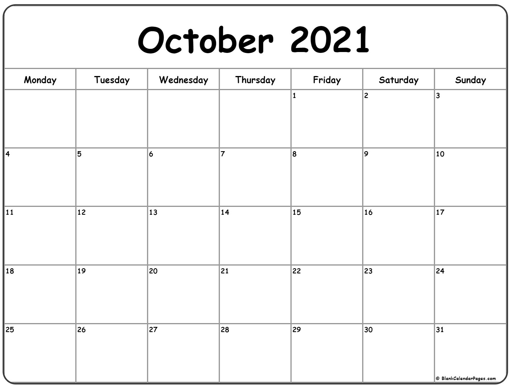 October 2021 Monday Calendar | Monday To Sunday