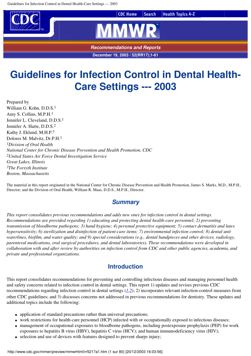 Pdf) Guideline For Infection Control In Dental Healthcare