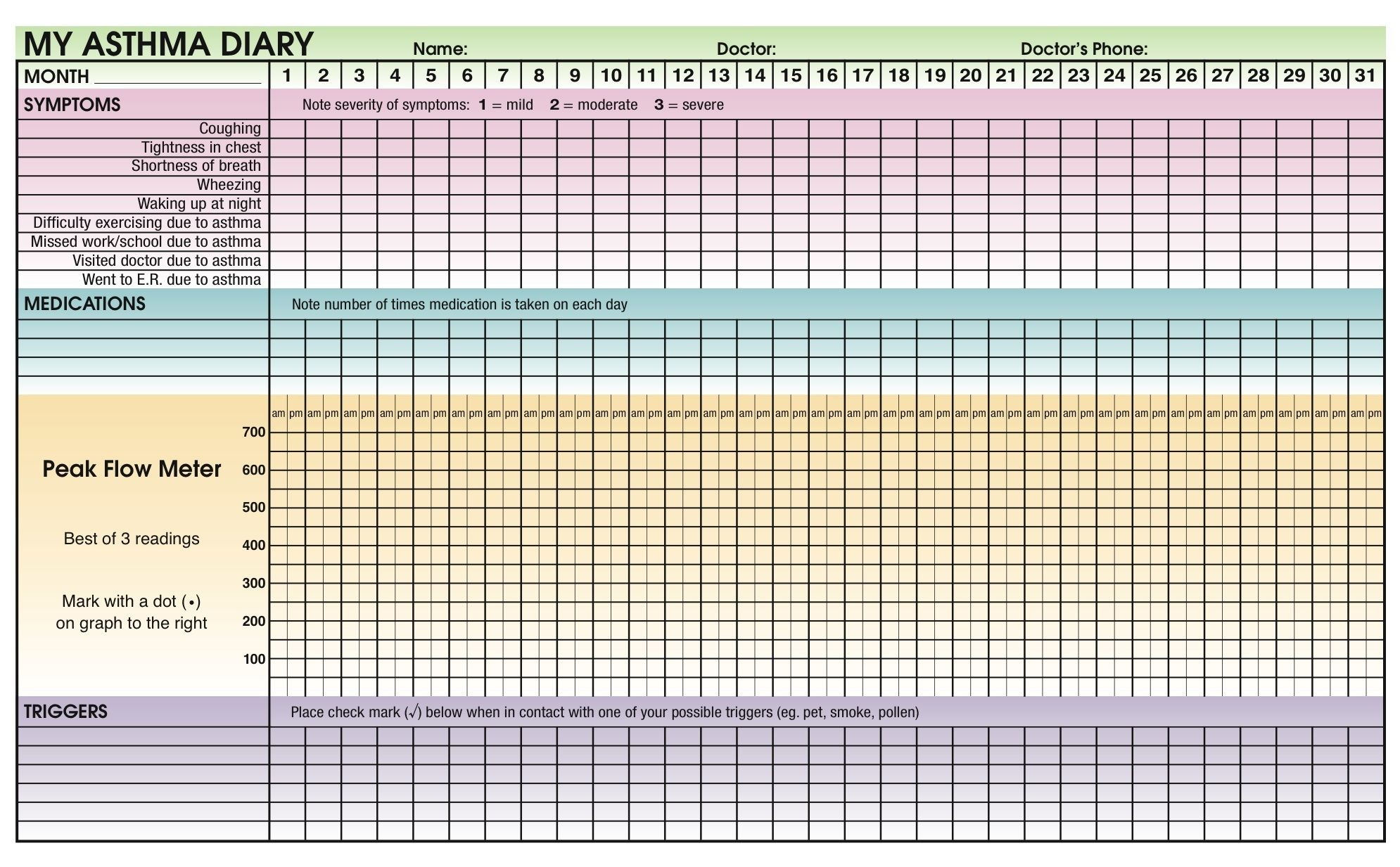 Peak Flow Diary Example Calendar Printable