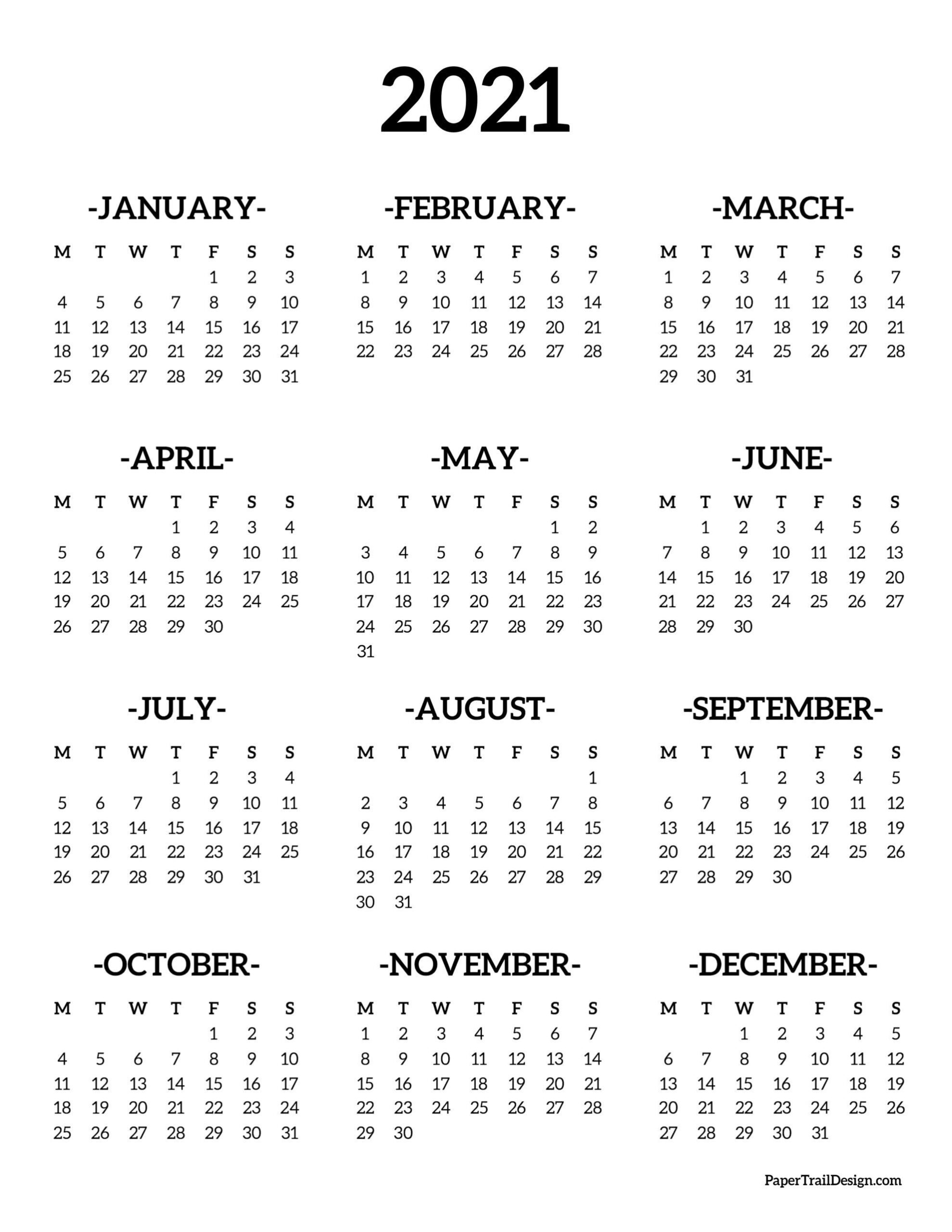 2021 Yearly Calendars On One Page