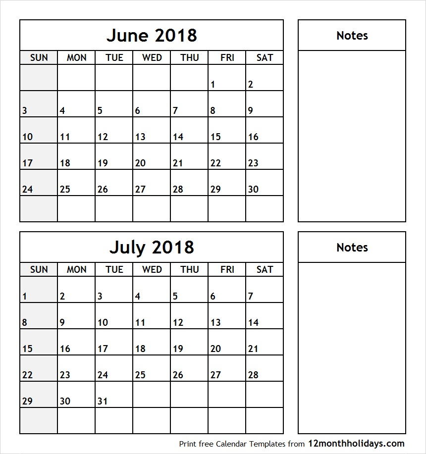 Print June July 2018 Calendar Template | 2 Month Calendar