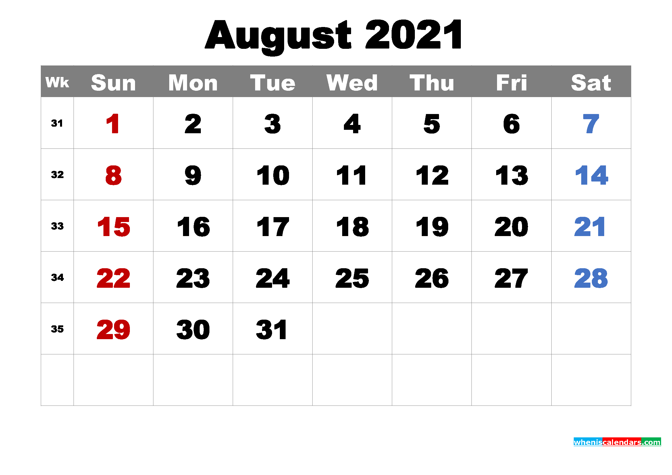 Printable August 2021 Calendarmonth