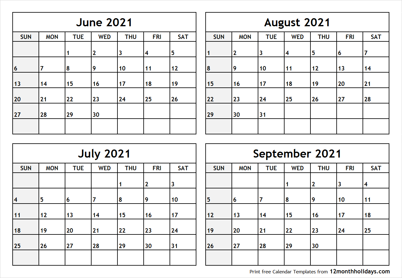 Printable Blank Four Month June July August September 2021