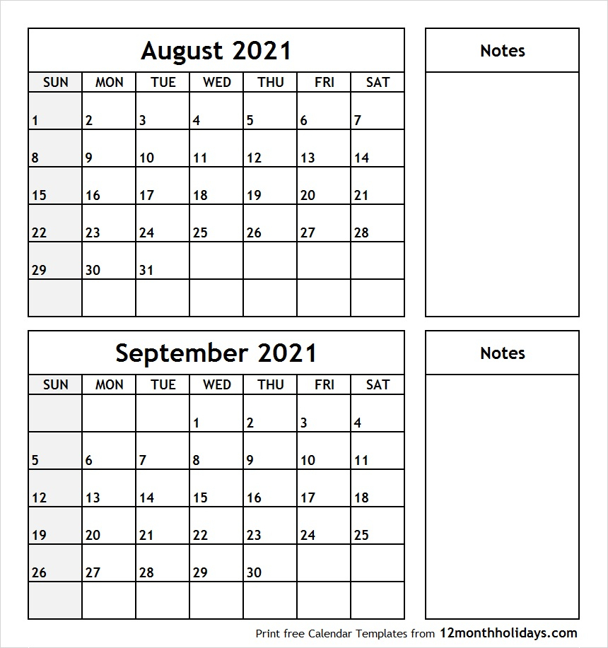 Printable Blank Two Month Calendar August September 2021
