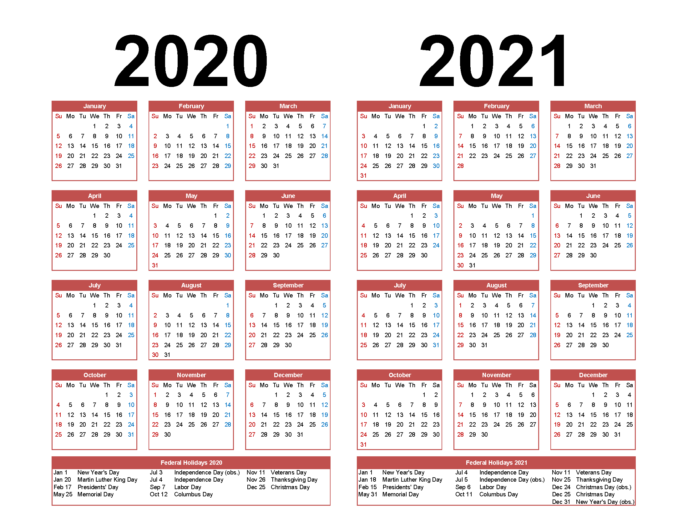 Printable Calendar 2020 2021 Two Year Per Page Free Pdf, Word