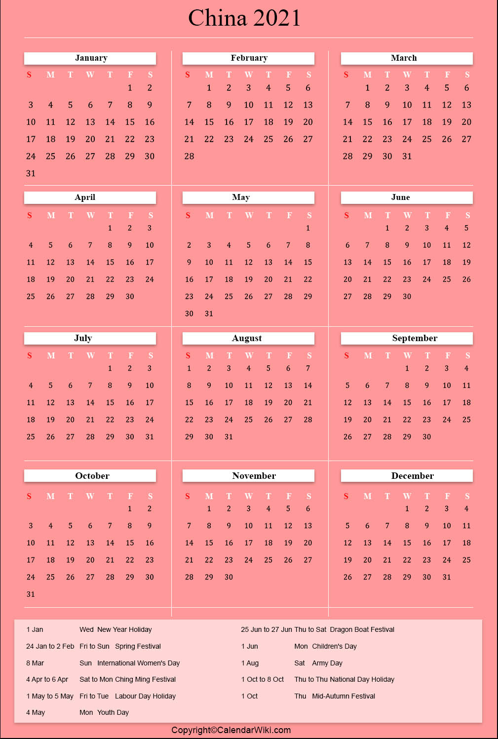 Printable China Calendar 2021 With Holidays [Public Holidays]