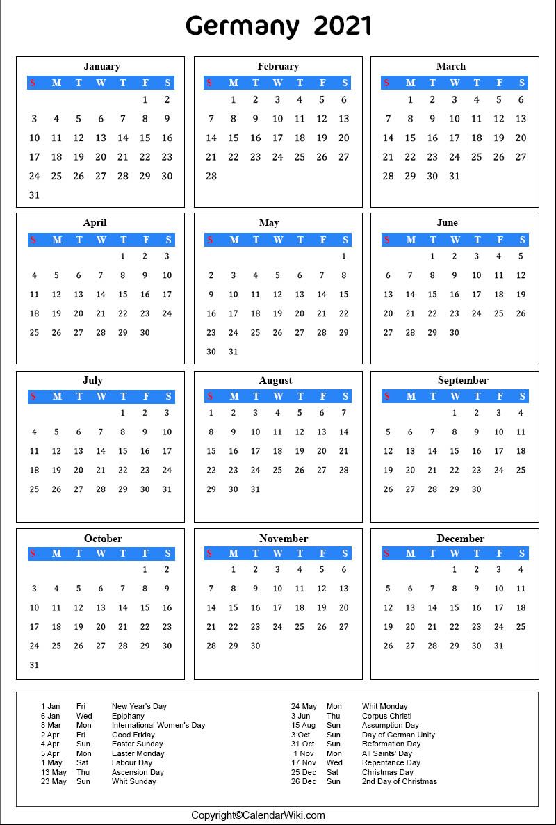 Printable Germany Calendar 2021 With Holidays [Public Holidays]