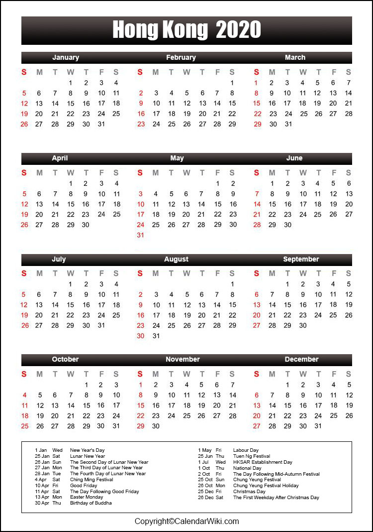 Printable Hongkong Calendar 2020 With Holidays [Public Holidays]