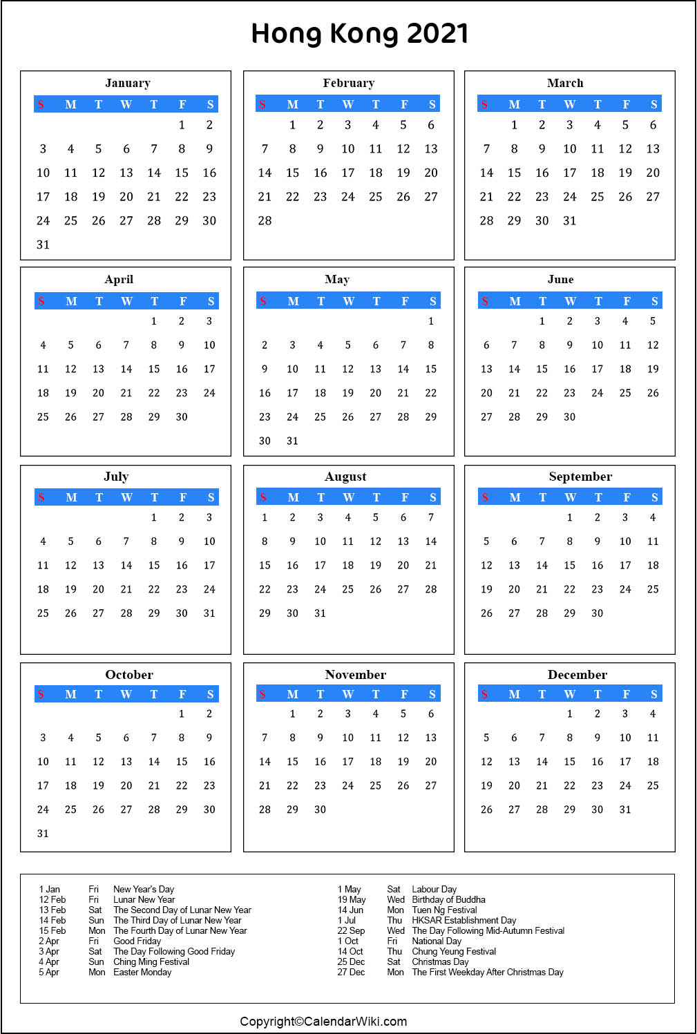 Printable Hongkong Calendar 2021 With Holidays [Public Holidays]