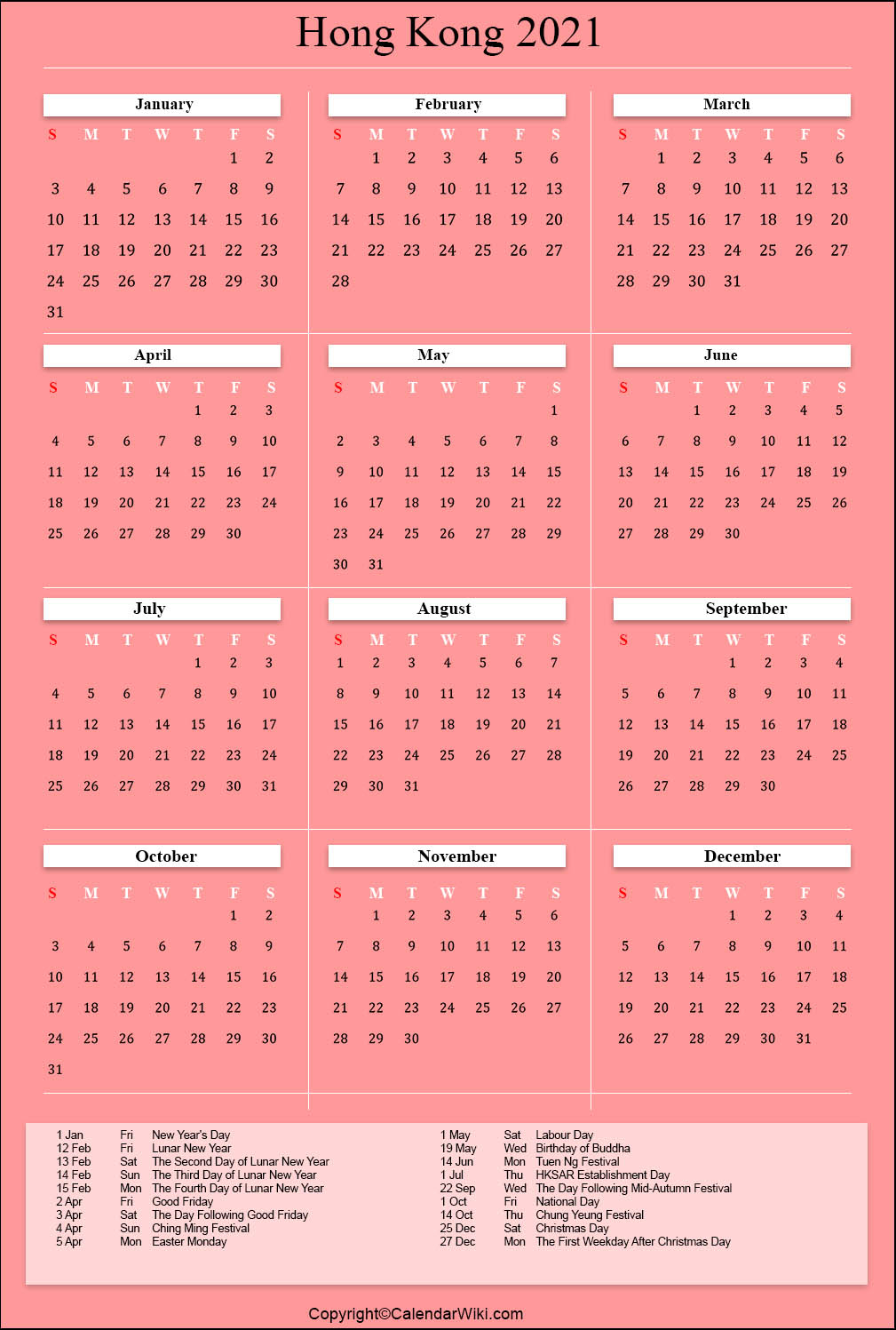 Printable Hongkong Calendar 2021 With Holidays [Public Holidays]