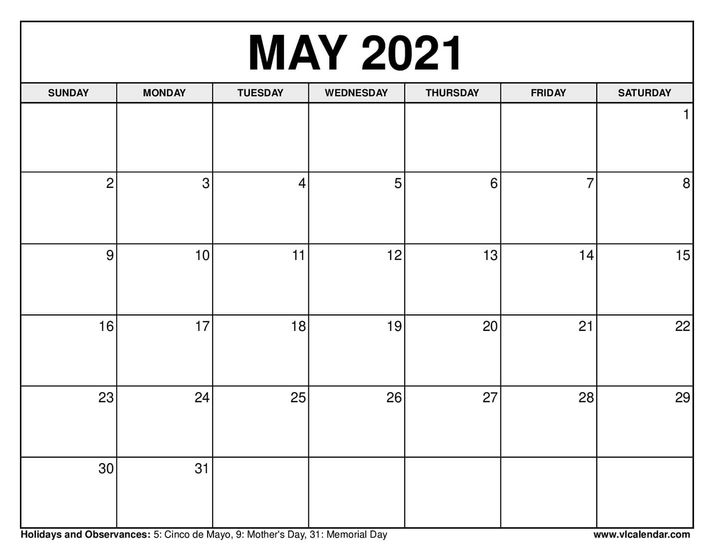 Printable May 2021 Calendars