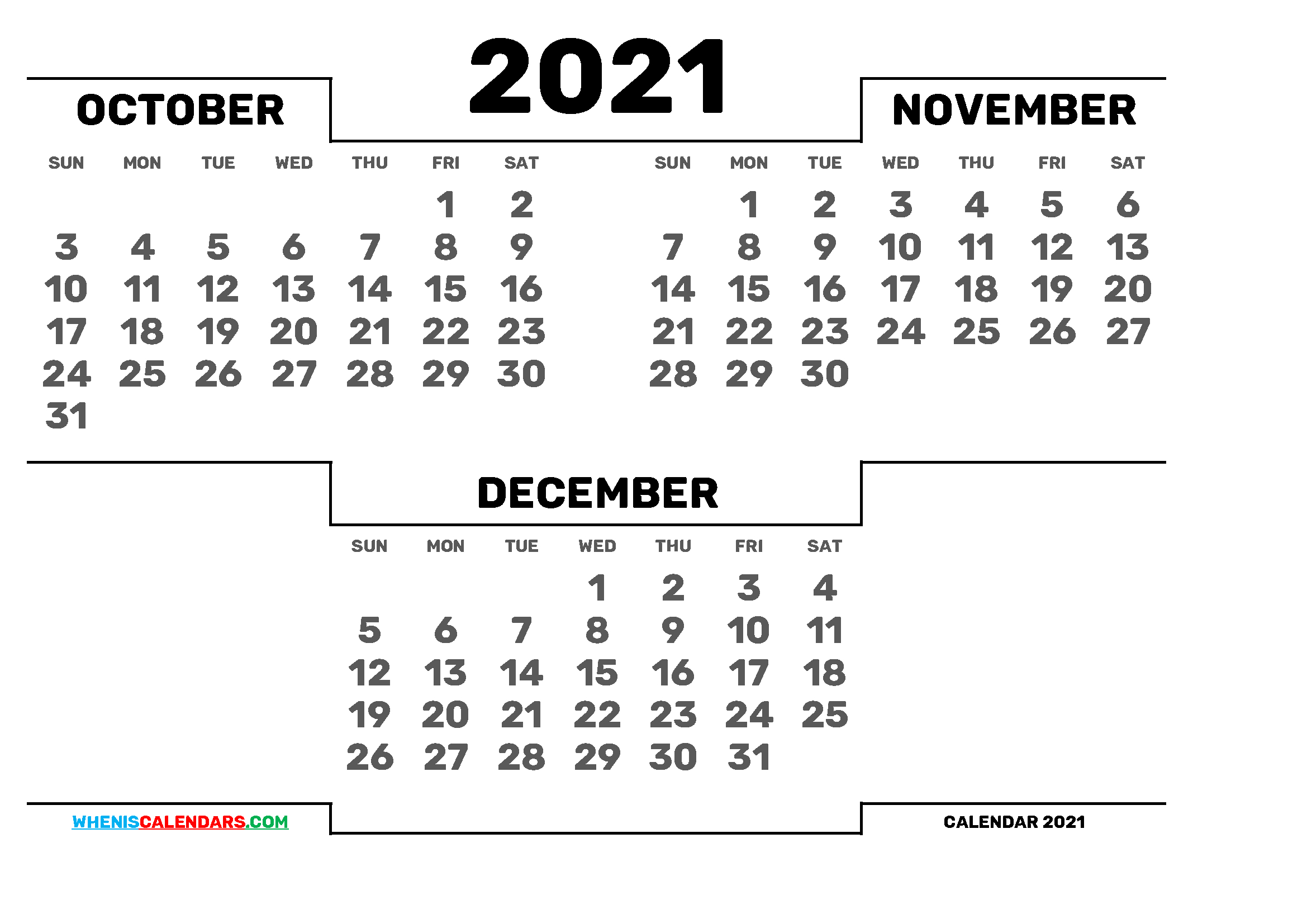 Printable October November December 2021 Calendar | 3 Month