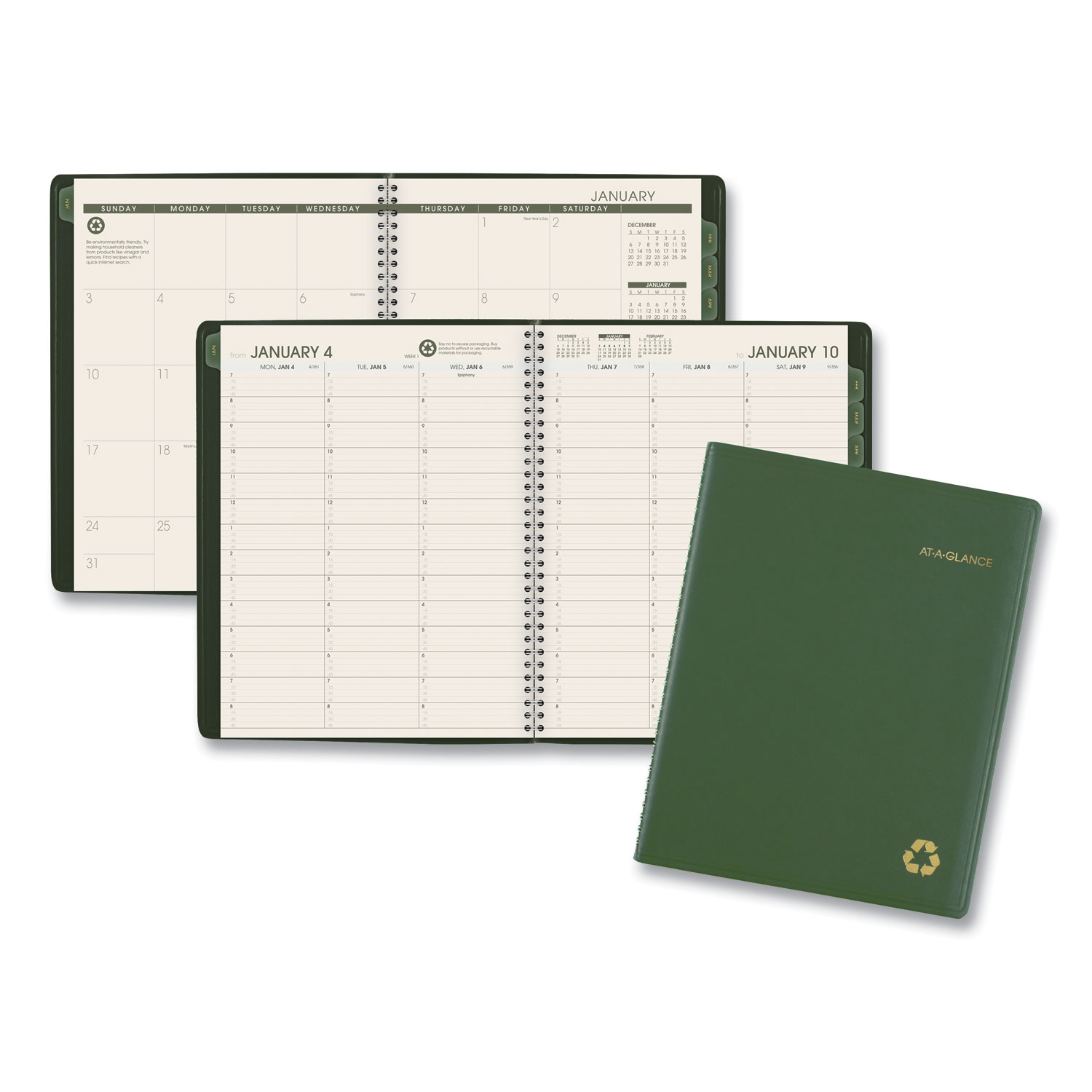 Recycled Weekly/Monthly Classic Appointment Book, 11 X 8.25, Green, 2021