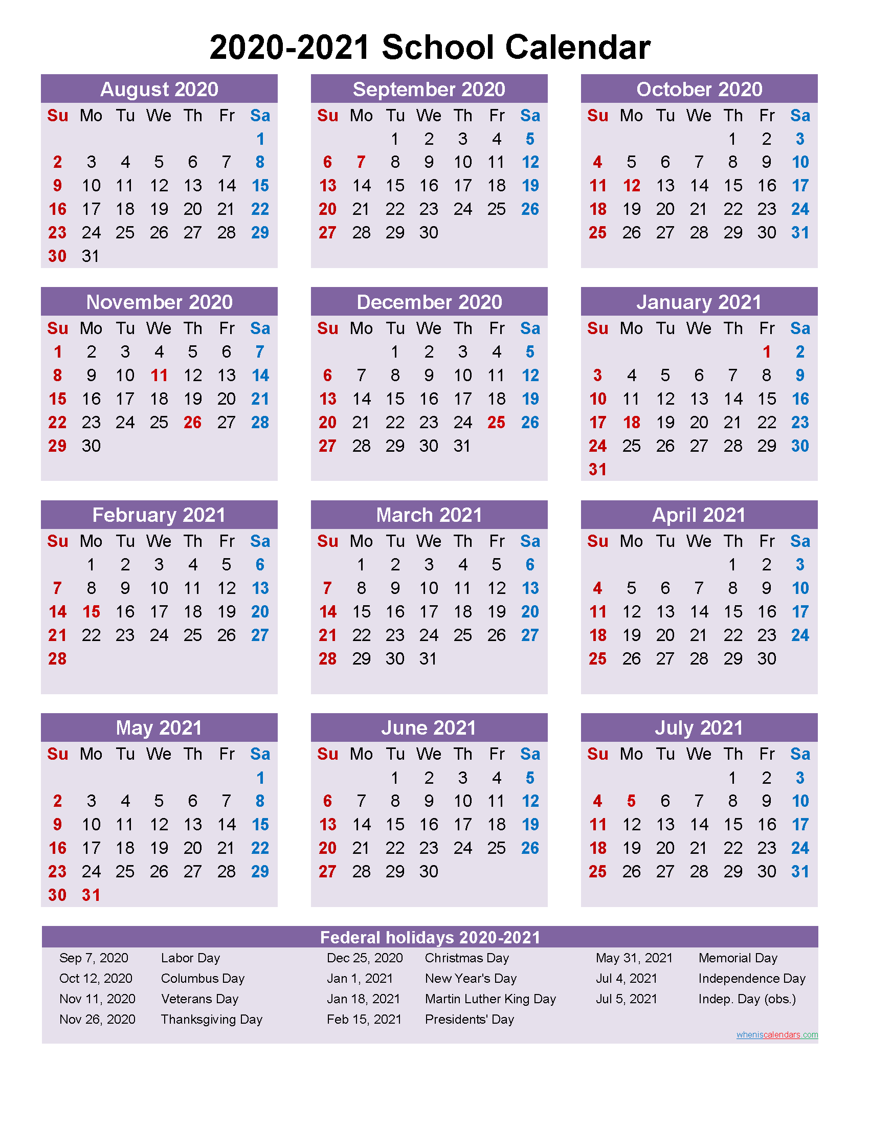 School Calendar 2020 And 2021 Printable (Portrait)- Template