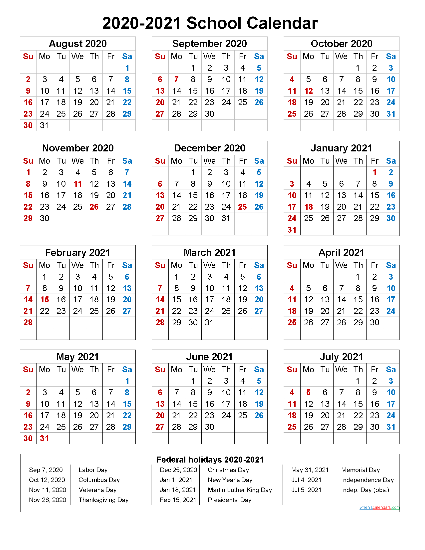 School Calendar 2020 And 2021 Printable (Portrait)- Template