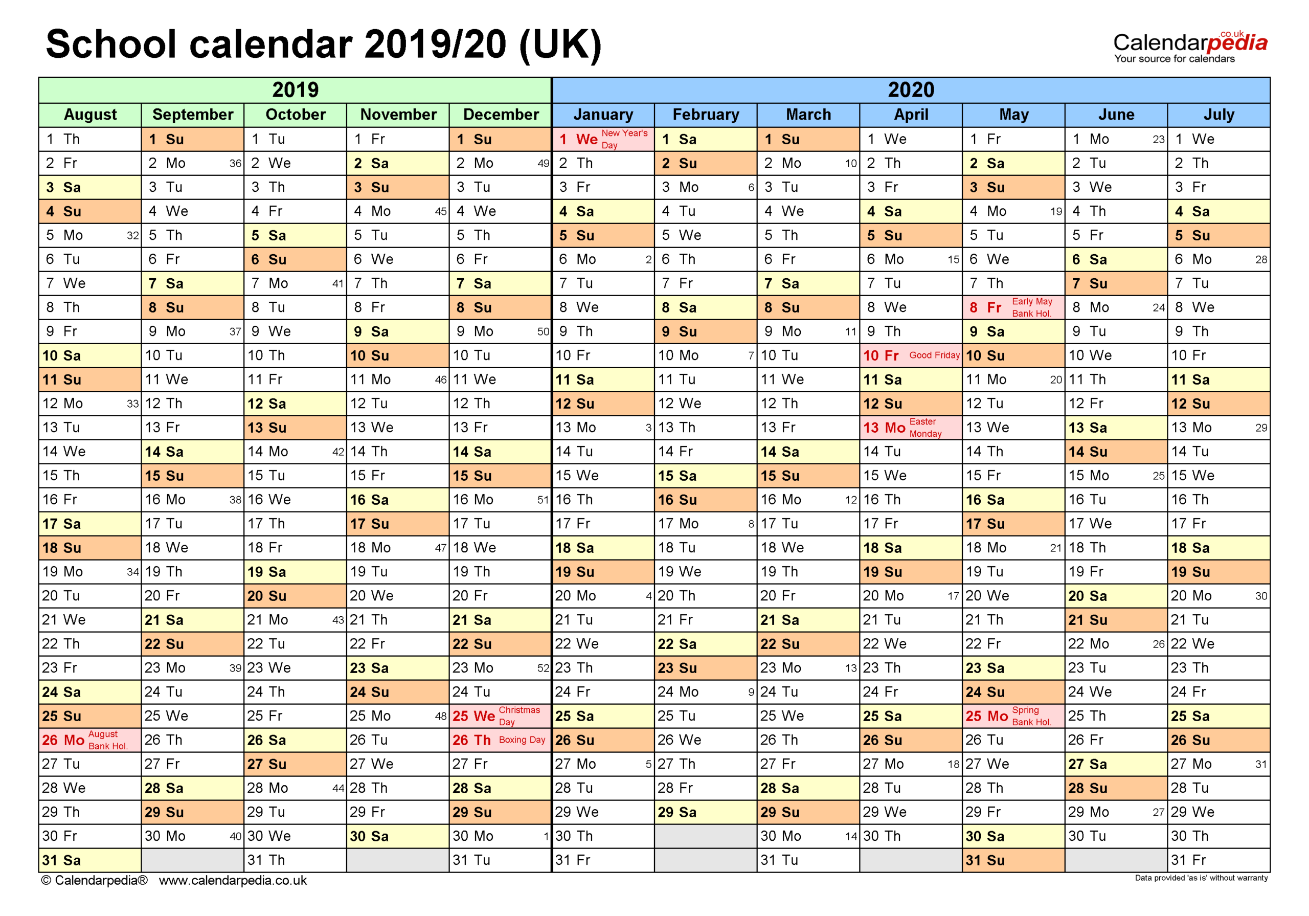School Calendars 2019/20 Uk - Free Printable Excel Templates