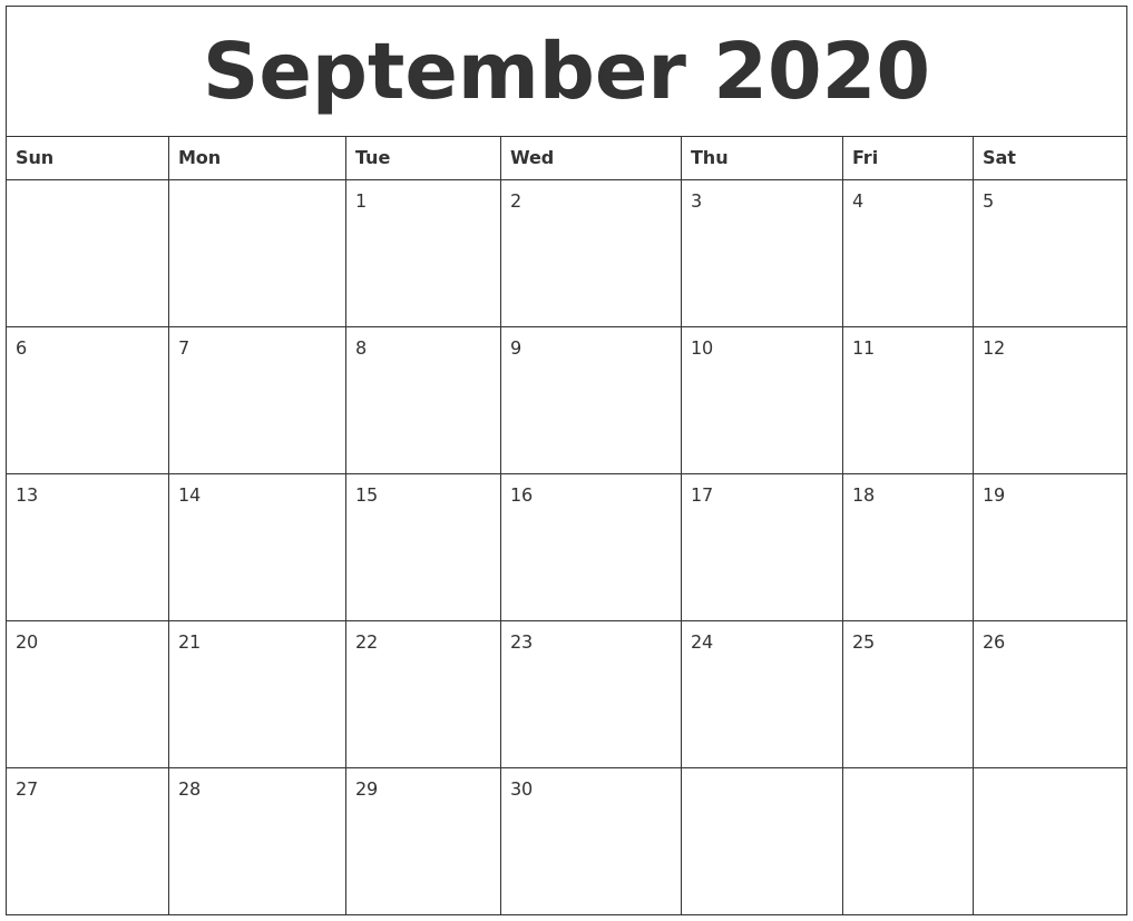 September 2020 Monthly Printable Calendar