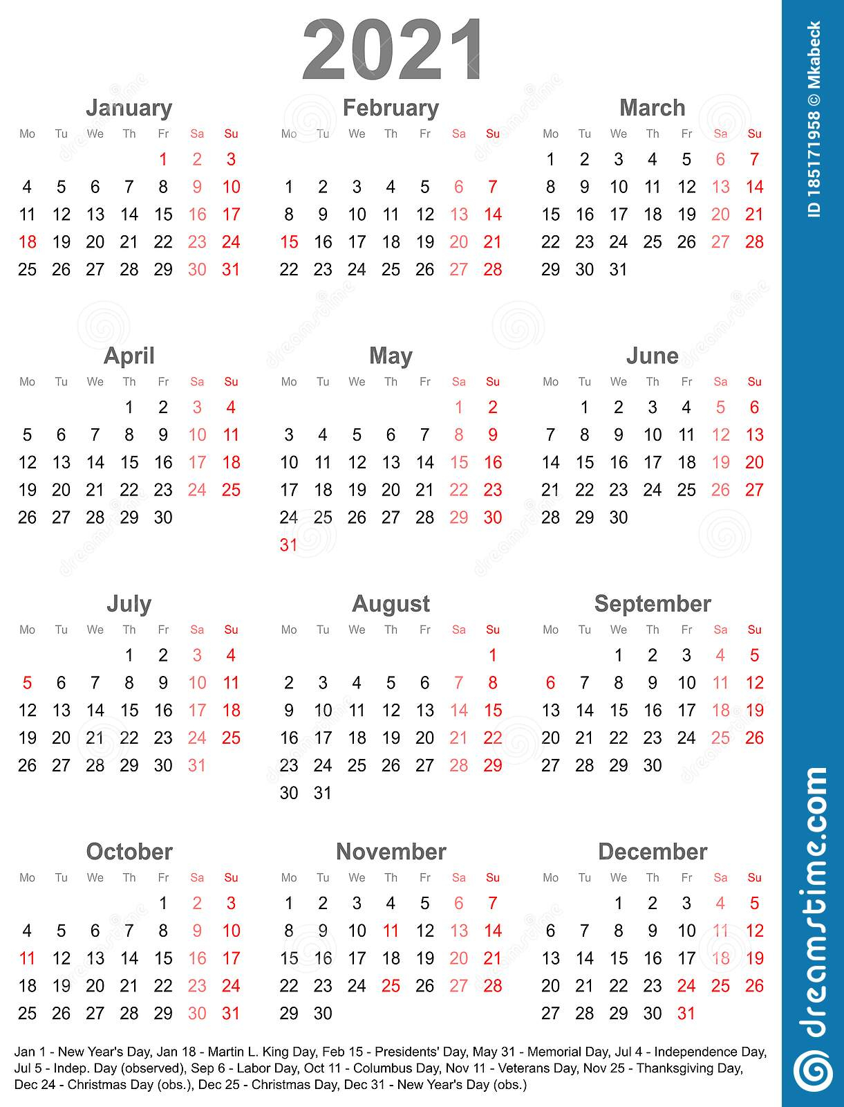 Simple Calendar 2021 With Public Holidays For Usa Stock