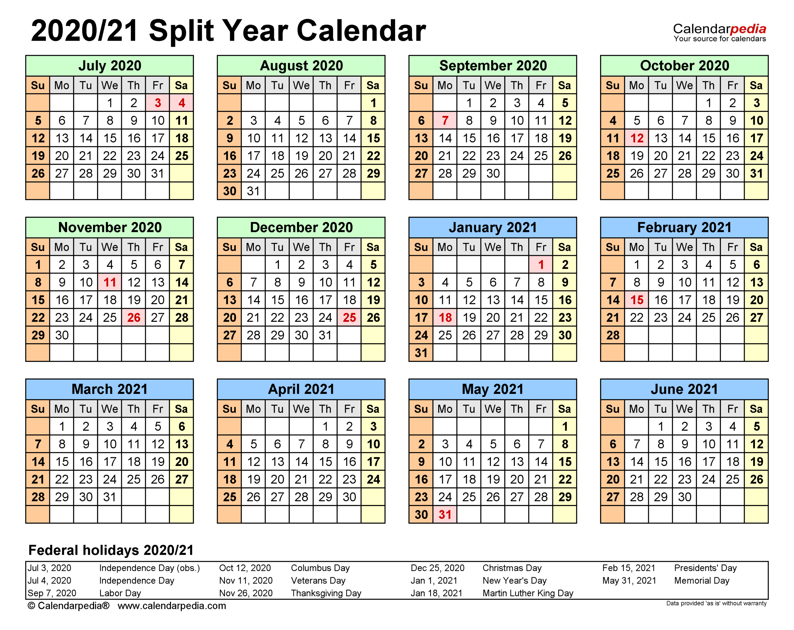 Split Year Calendars 2020/2021 (July To June) - Pdf Templates
