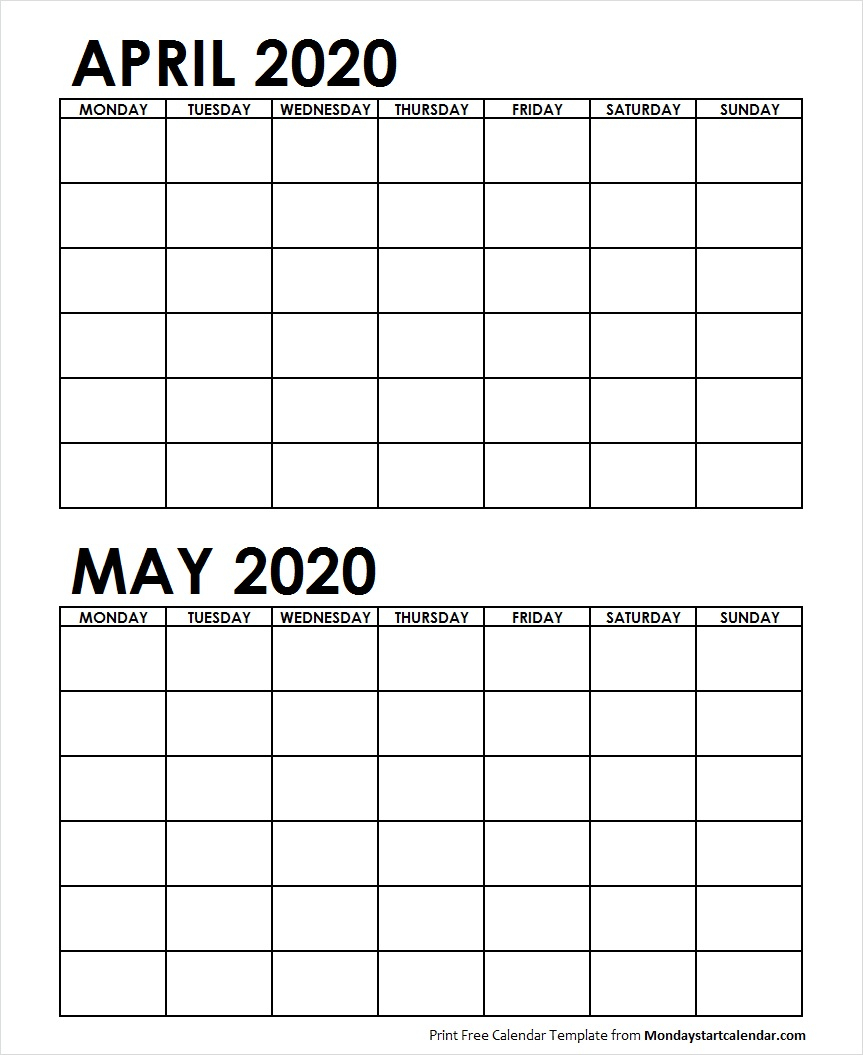 Two Month April May 2020 Calendar Blank | Two Months Template