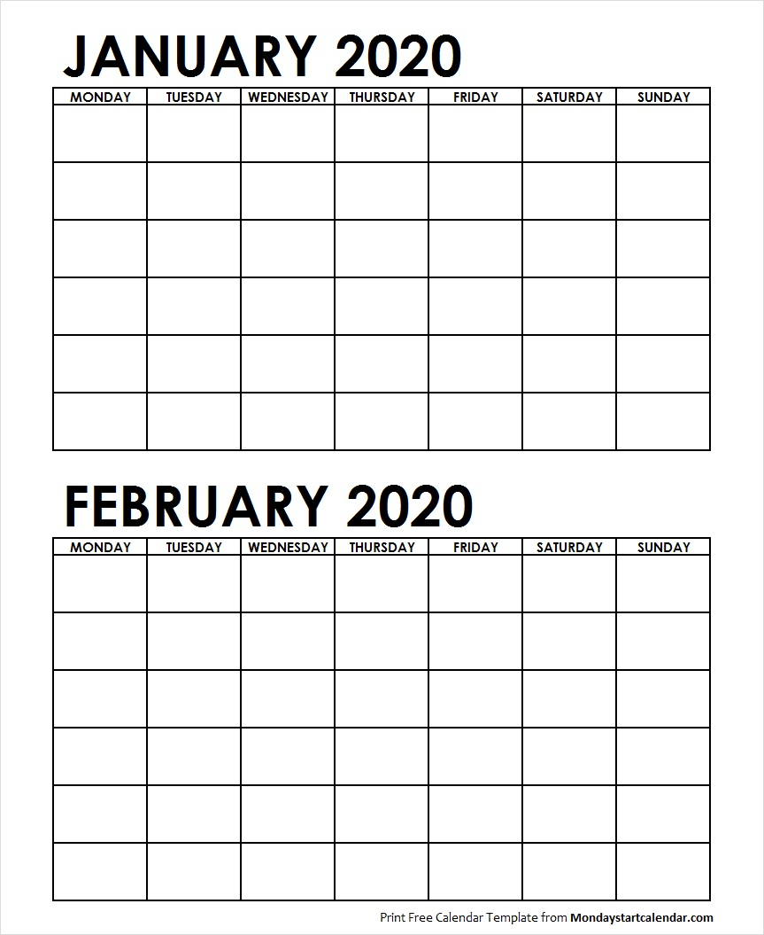 Two Month January February 2020 Calendar Blank