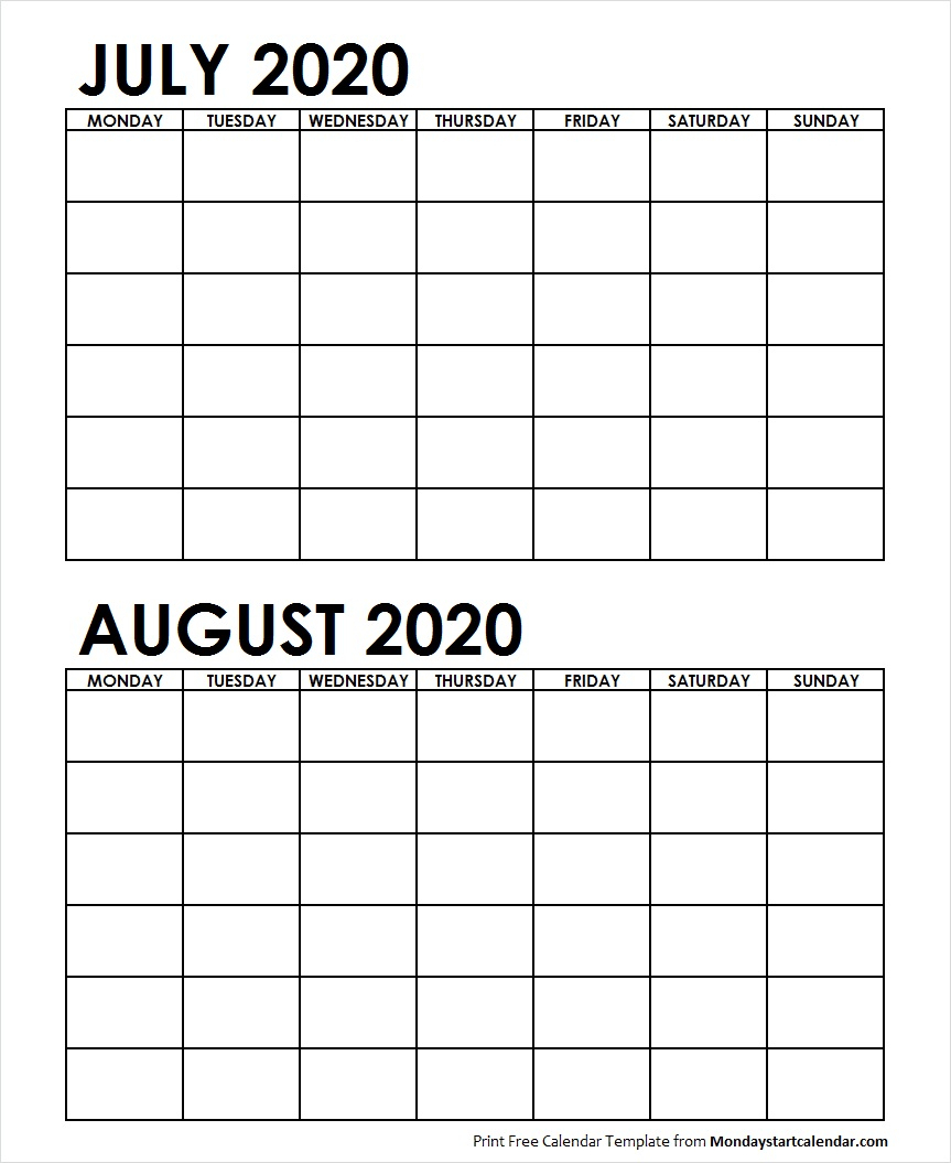 Two Month July August 2020 Calendar Blank | Two Months Template