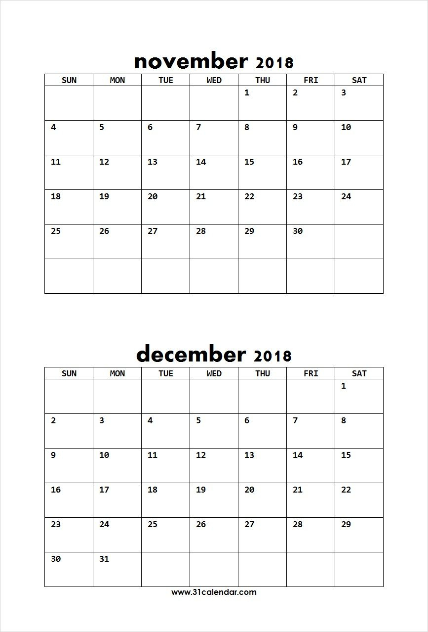 Two Month November December 2018 Calendar To Print Editable