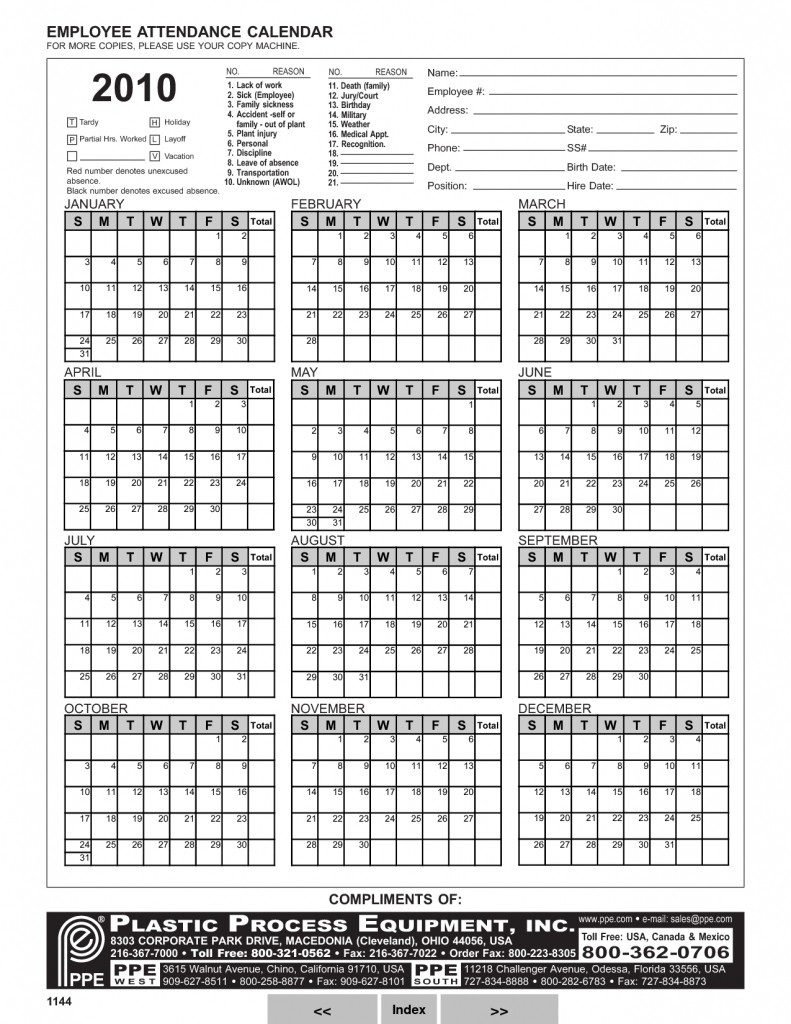 Unique Printable Employee Attendance Calendar | Free