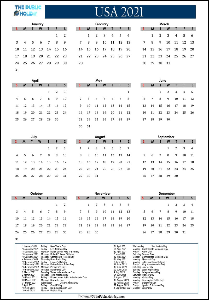 2021 Bank Holiday Calendar Usa 