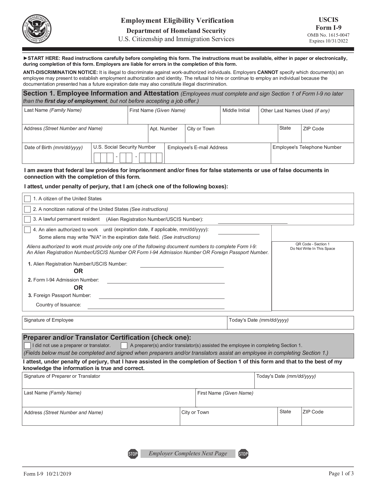 Uscis Form I-9 – Employment Eligibility Verification | Eforms