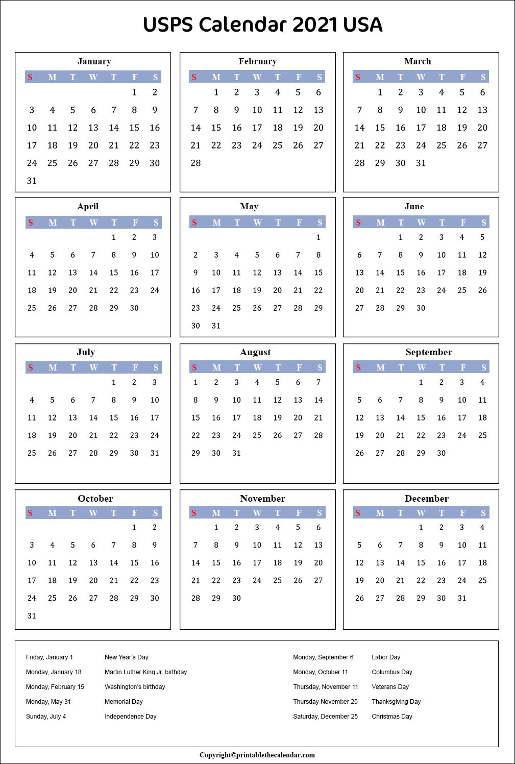 Usps Holiday Schedule 2021 | Usps Calendar 2021 | Printable