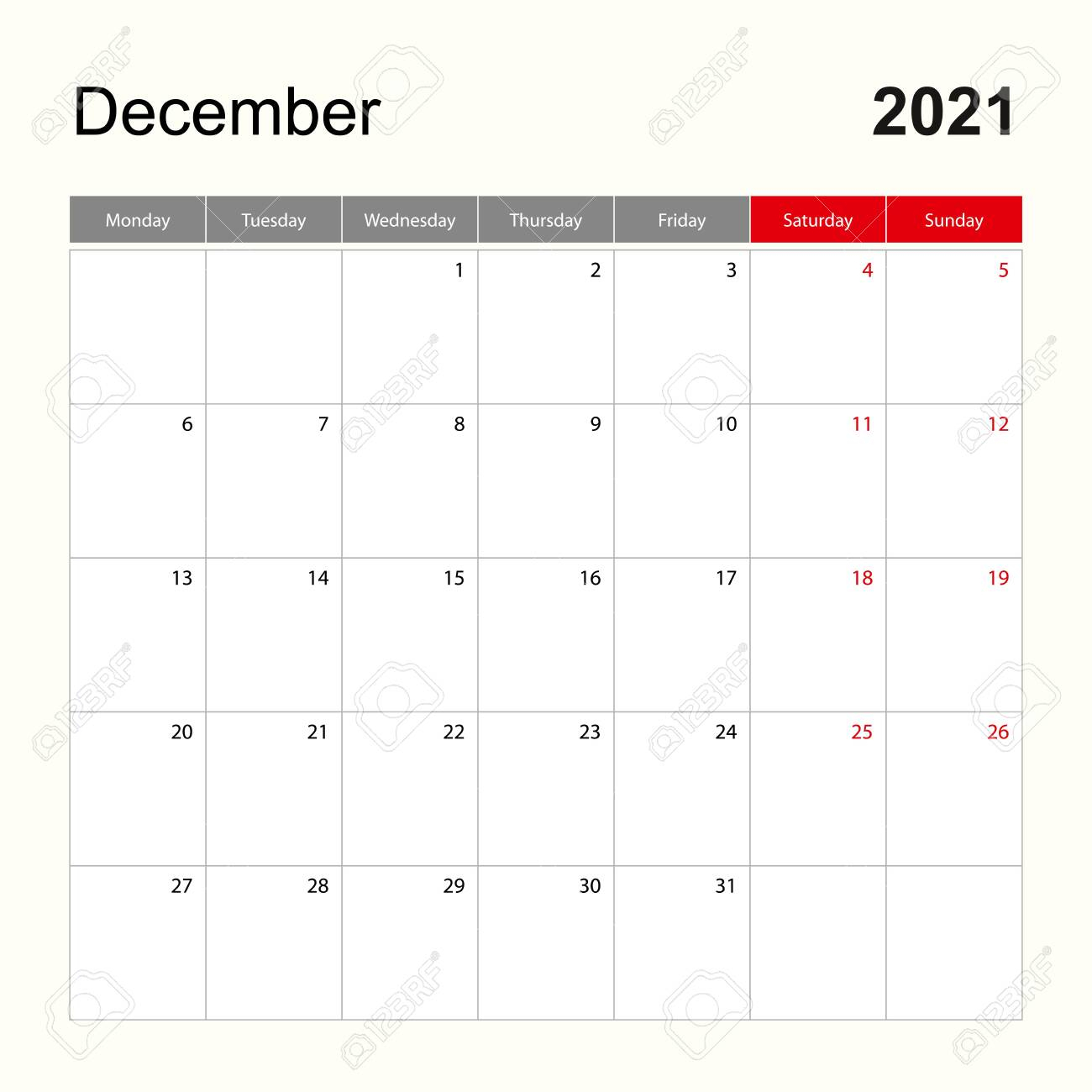 Wall Calendar Template For December 2021. Holiday And Event Planner,..