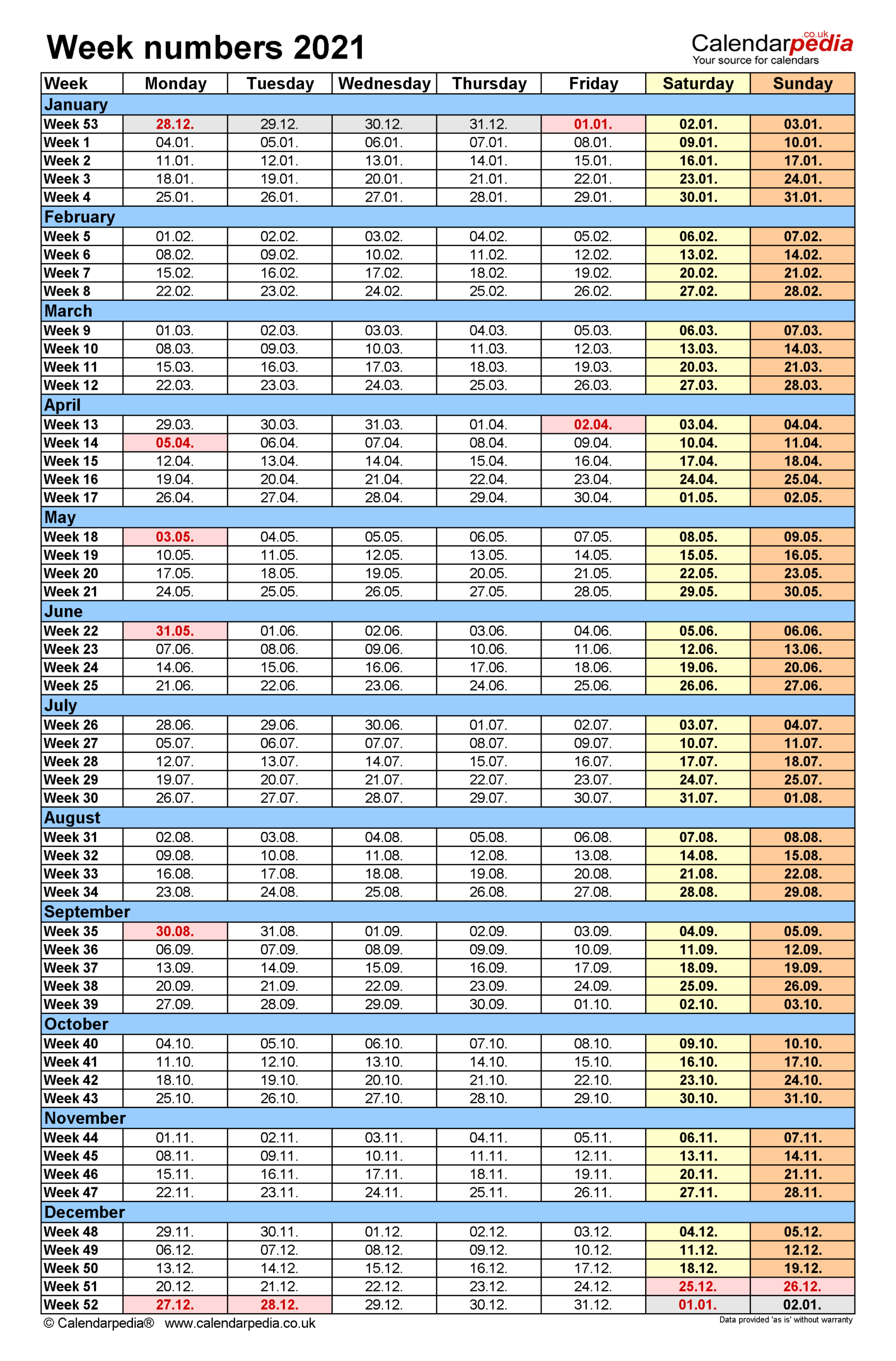 Week Numbers 2021 With Excel, Word And Pdf Templates