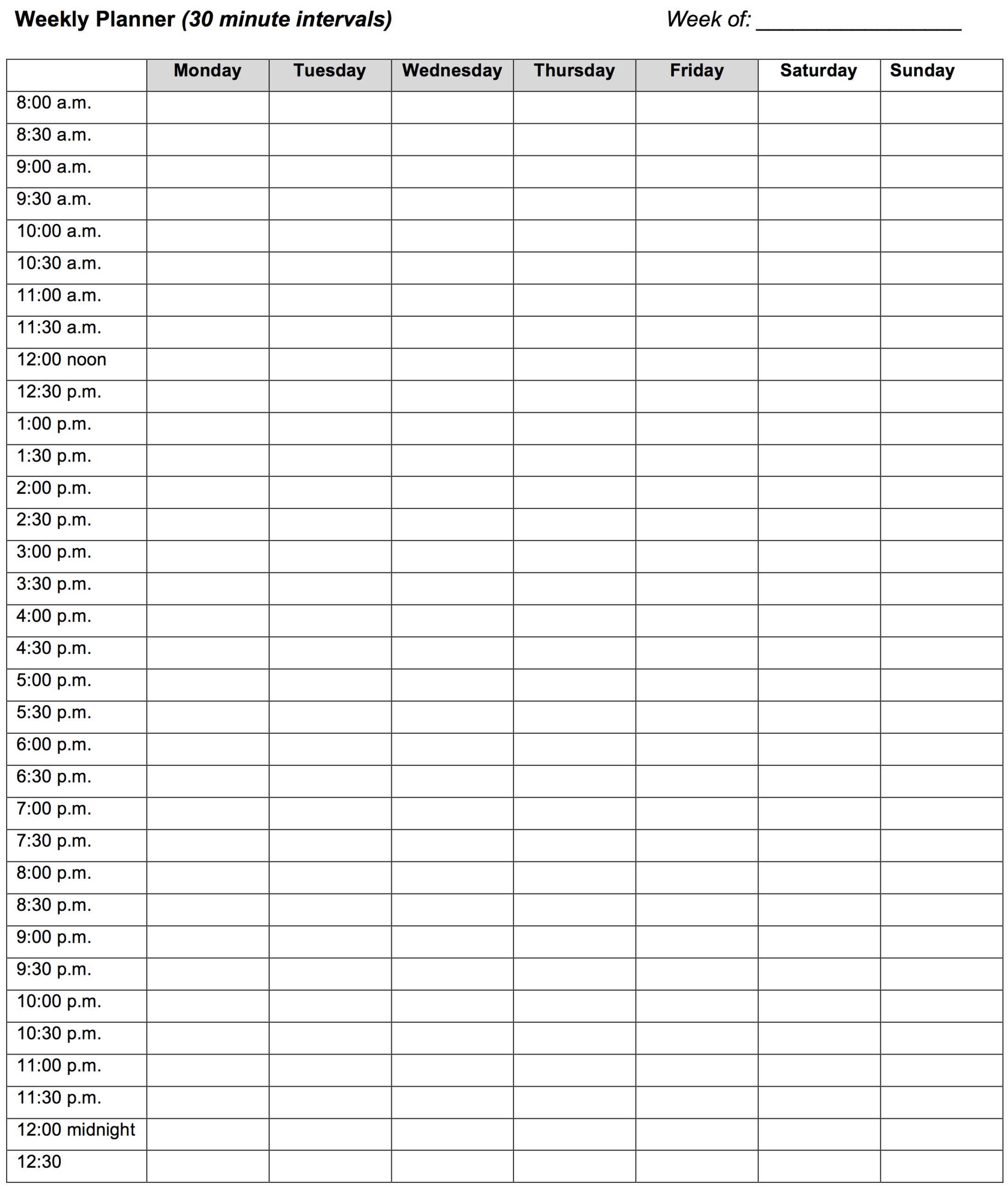 Weekly Planner: 30 Minute Intervals – Learning Center