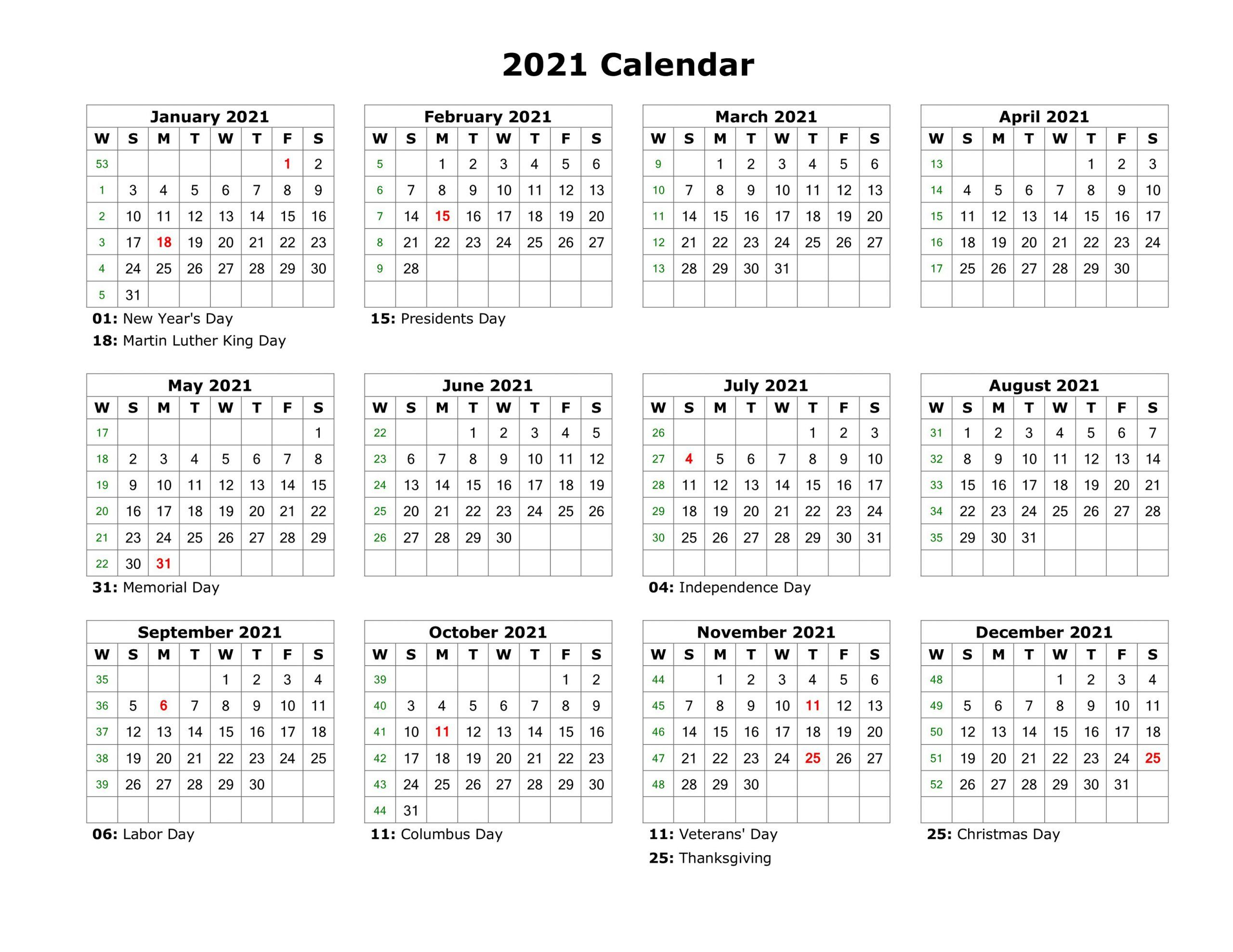 2021 Yearly Calendar Printable Free