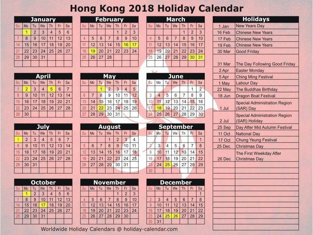 Year Calendar Hong Kong