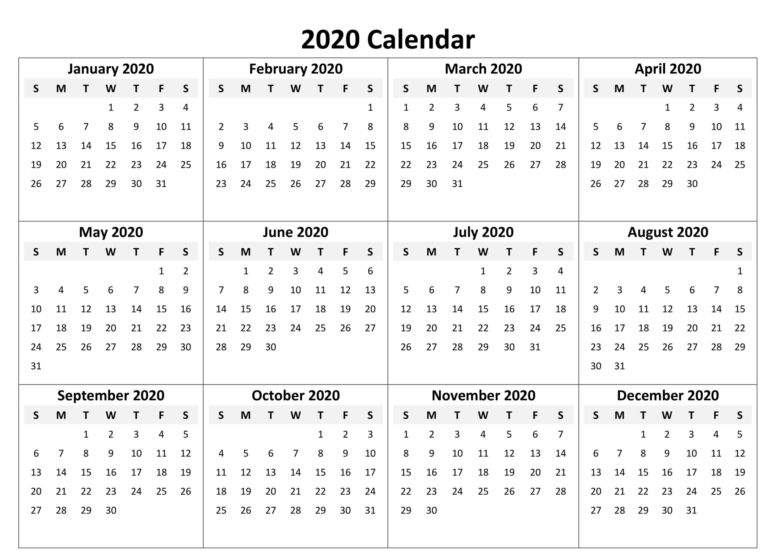 Yearly Calendar 2020 Free Download | Printable Yearly