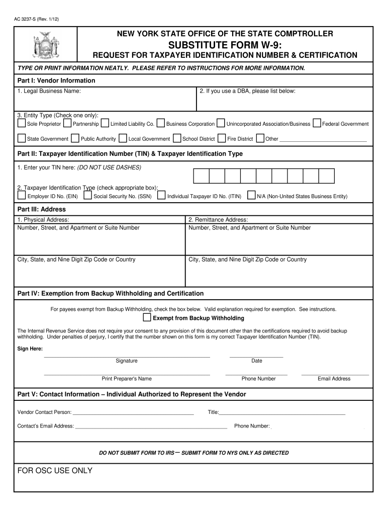 2012 Ny Substitute Form W-9 Fill Online, Printable