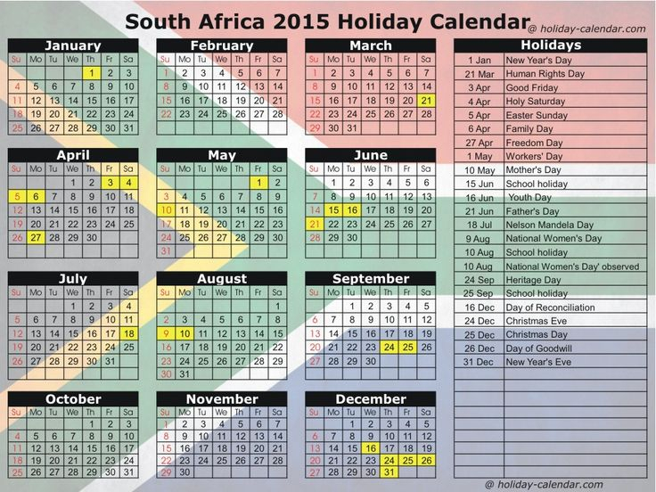 2015 Calendar South Africa Including Public Holidays